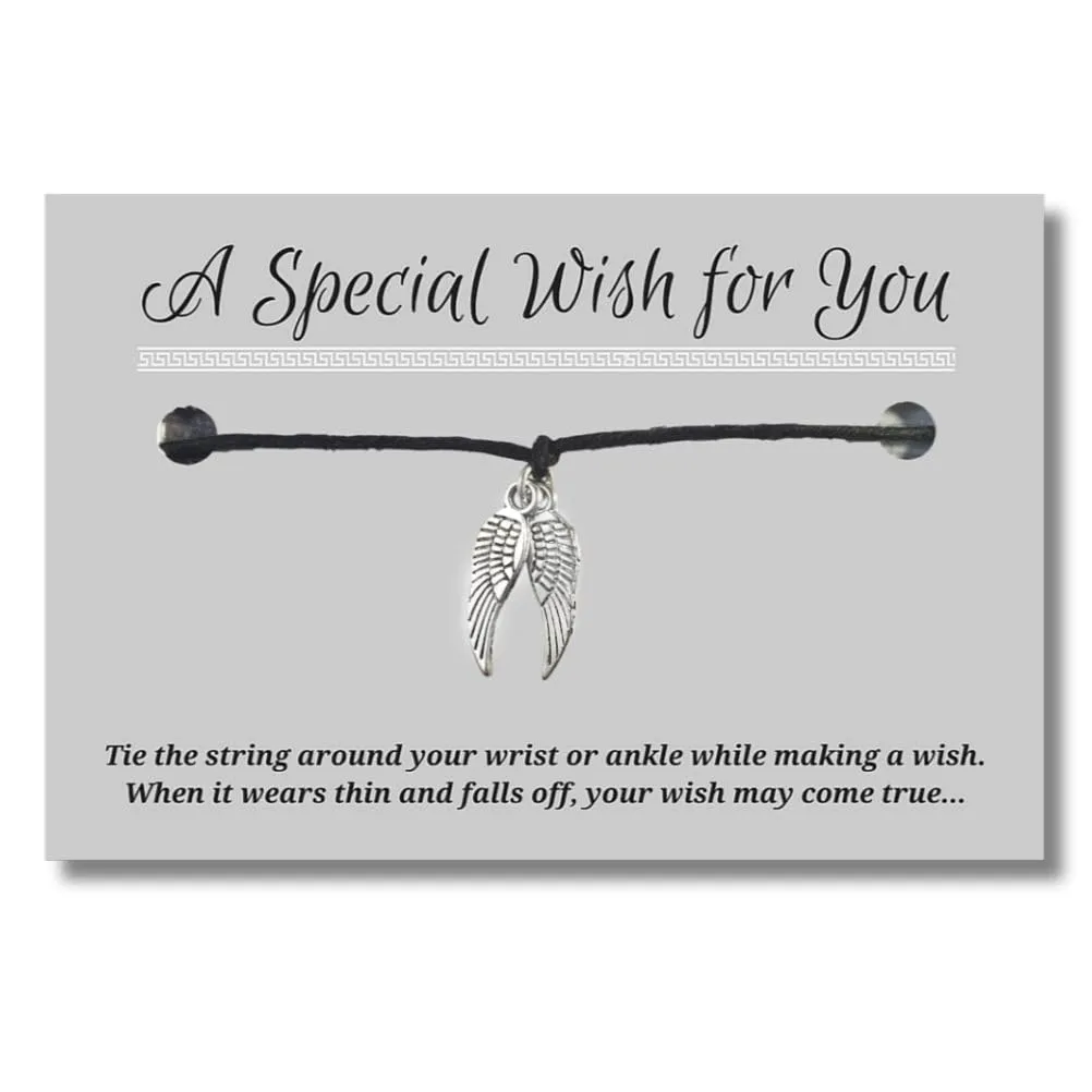 Angel Wings BlackWish Bracelet, Hemp with Silver Tone Charm on Printed Card, Adjustable Size up to 12 inches, Unisex Friendship Bracelet, Spiritual Gift for Women