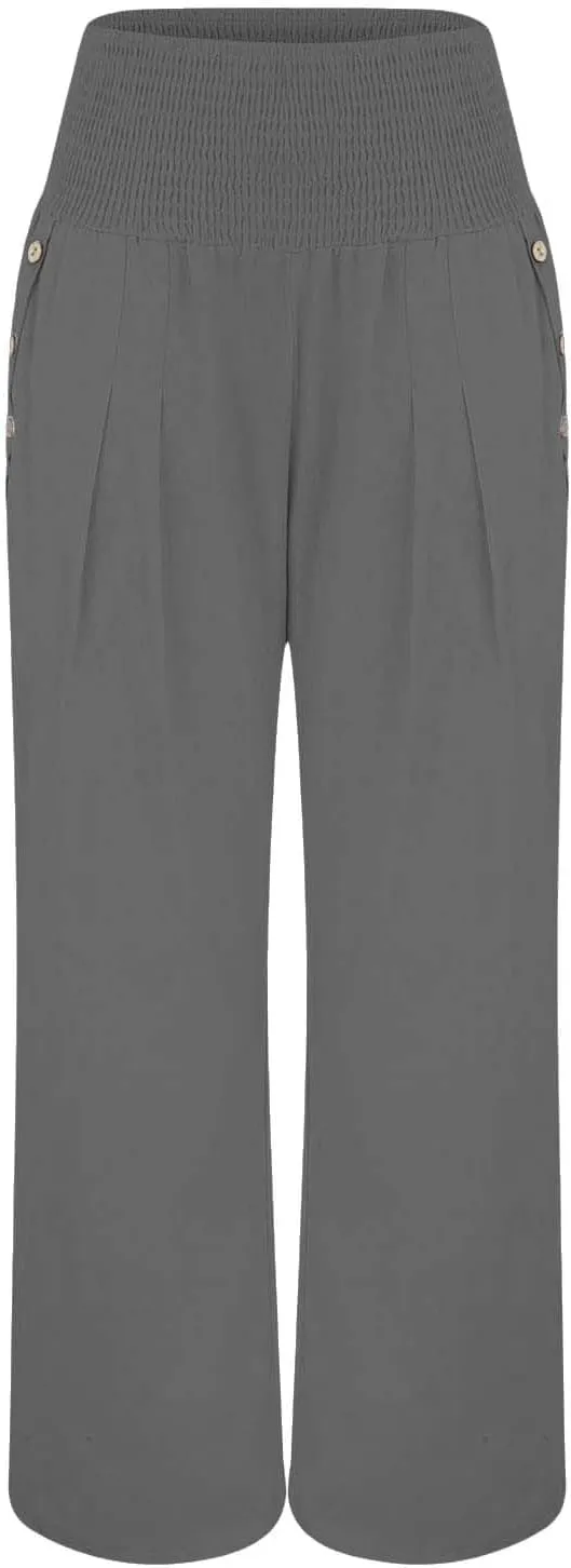 Aniywn Wide Leg Linen Pants for Women Summer Casual Loose Elastic Waist Palazzo Pants Smocked High Waist Flowy Beach Trousers