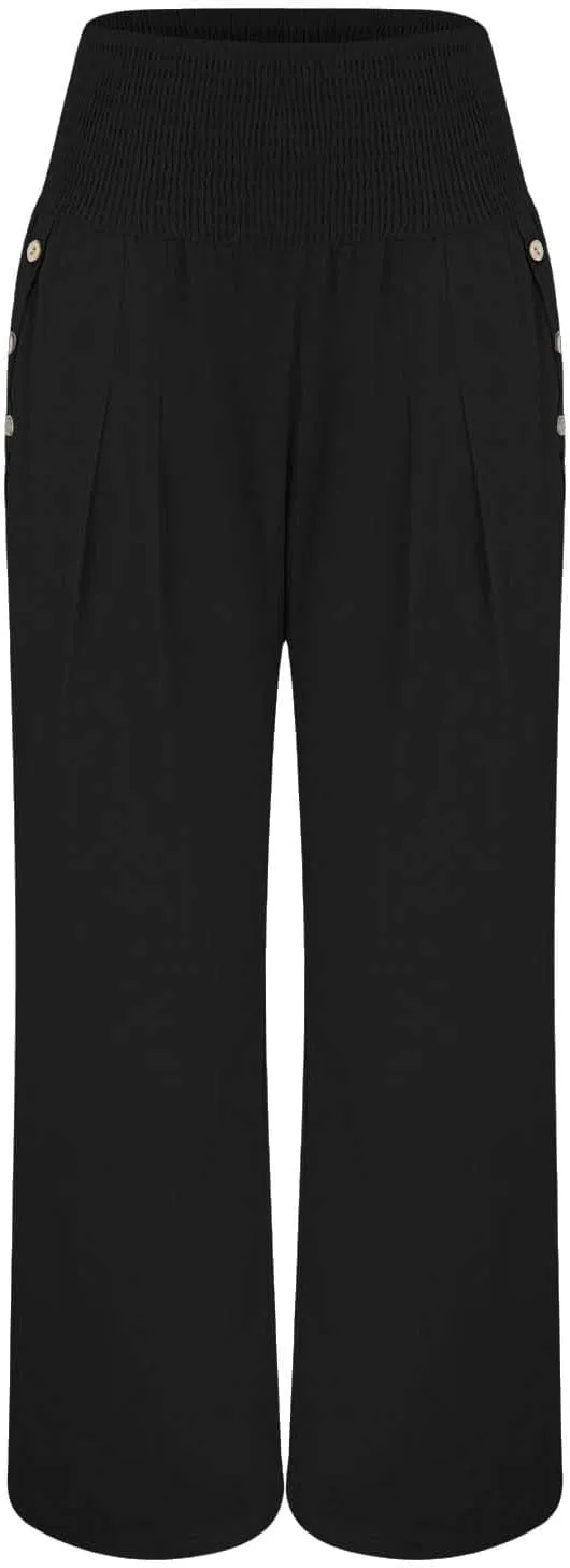 Aniywn Wide Leg Linen Pants for Women Summer Casual Loose Elastic Waist Palazzo Pants Smocked High Waist Flowy Beach Trousers