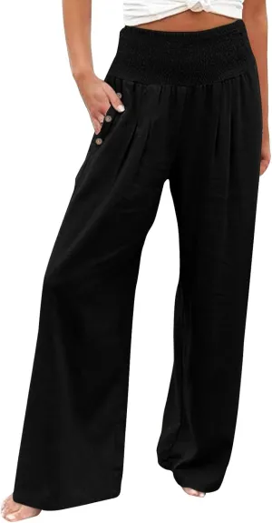 Aniywn Wide Leg Linen Pants for Women Summer Casual Loose Elastic Waist Palazzo Pants Smocked High Waist Flowy Beach Trousers