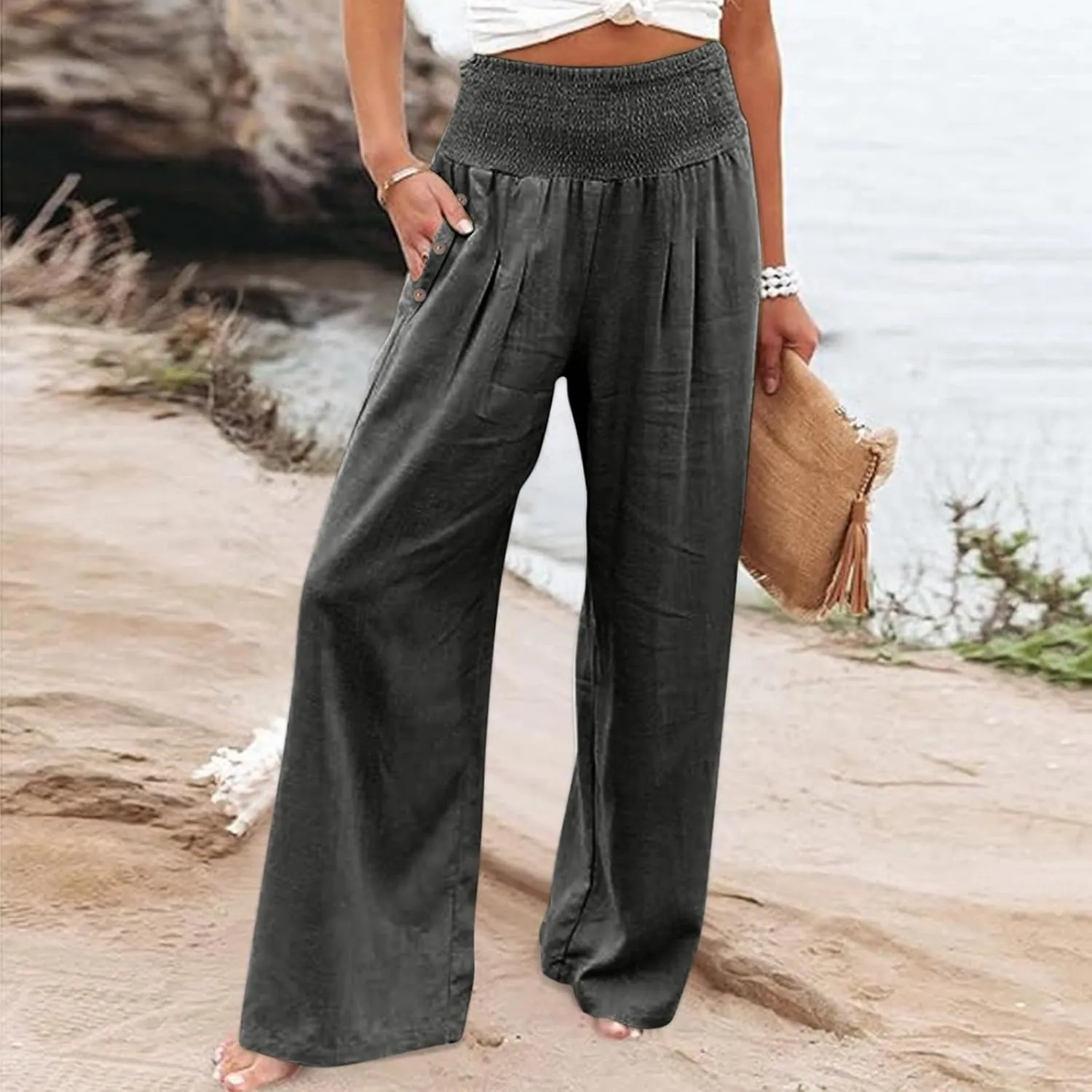 Aniywn Wide Leg Linen Pants for Women Summer Casual Loose Elastic Waist Palazzo Pants Smocked High Waist Flowy Beach Trousers