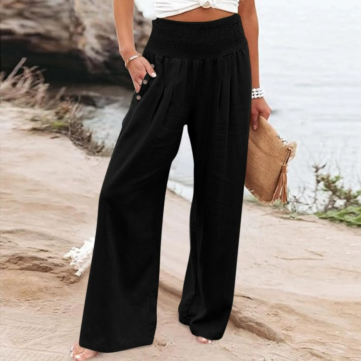 Aniywn Wide Leg Linen Pants for Women Summer Casual Loose Elastic Waist Palazzo Pants Smocked High Waist Flowy Beach Trousers