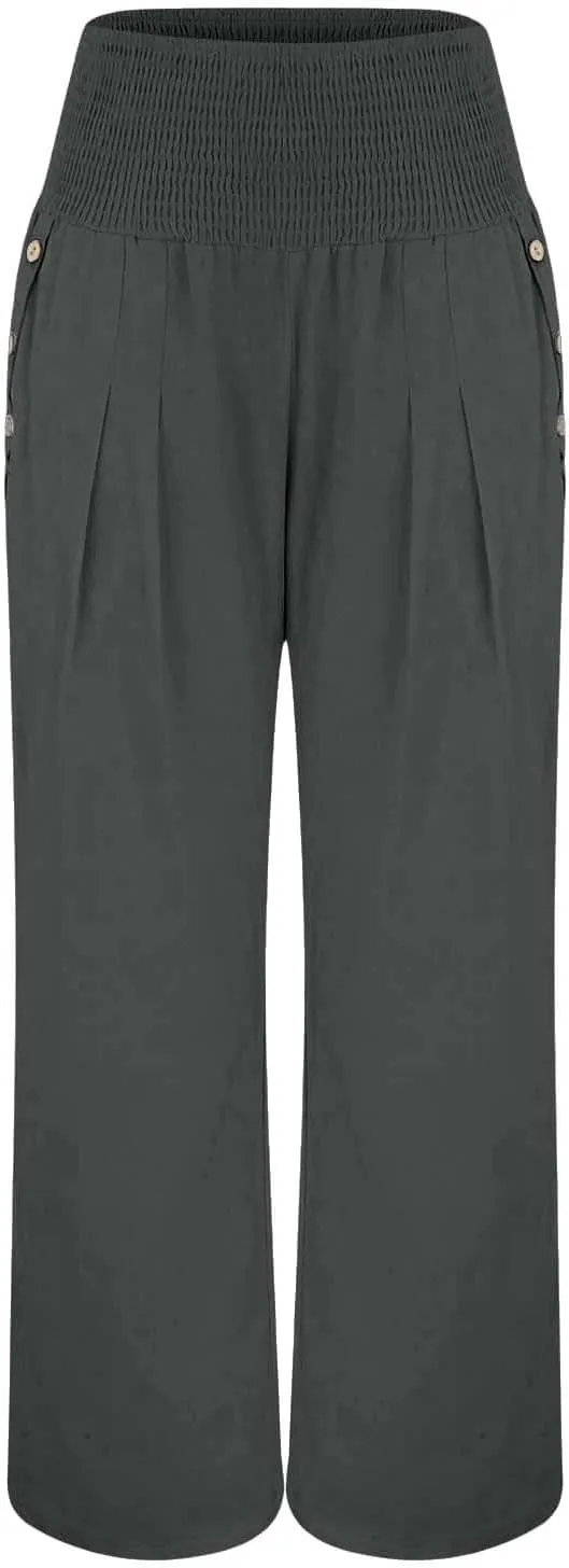 Aniywn Wide Leg Linen Pants for Women Summer Casual Loose Elastic Waist Palazzo Pants Smocked High Waist Flowy Beach Trousers