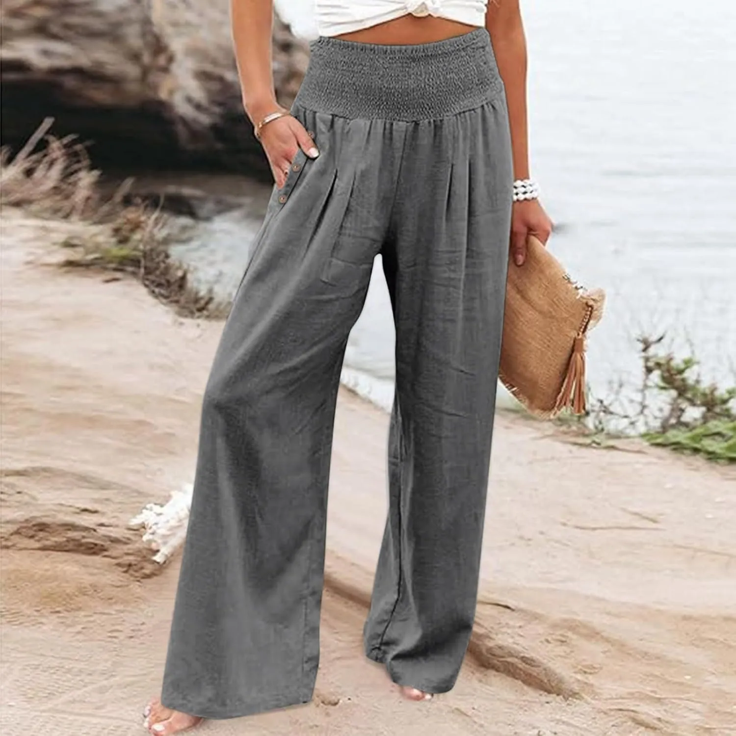 Aniywn Wide Leg Linen Pants for Women Summer Casual Loose Elastic Waist Palazzo Pants Smocked High Waist Flowy Beach Trousers
