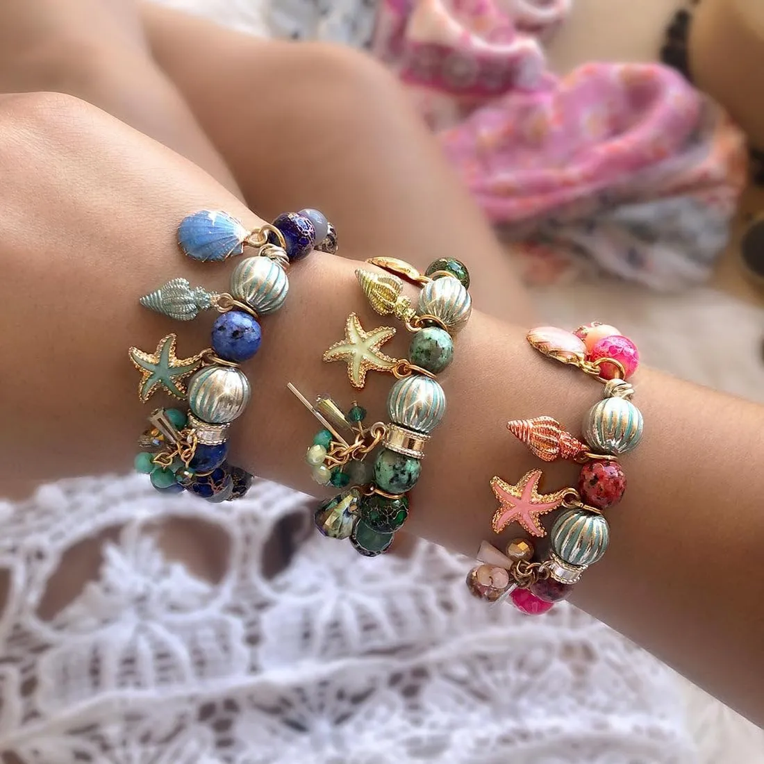 Aphrodite's Summer Beaded Charm Bracelet - Summer Style Bracelet with Multicolored Beads and Nautical Charms, Mermaid Accessories for Women, Mermaid Jewelry Beaded Charm Bracelet, Beaded Bracelets
