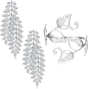 Arm Cuff Upper Arm Band Cuff Bracelets for Women Leaf Dangle Earrings Silver Gold Adjustable Armband Set Minimalist Armlet Wedding Fashion Jewelry