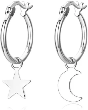 Asymmetrical Star Moon Dangle Hoop Earrings for Women S925 Sterling Silver Charms Tiny Star Crescent Moon Drop Dangling Polished Cartilage Leverback Earrings Cute Jewelry