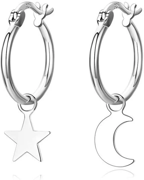 Asymmetrical Star Moon Dangle Hoop Earrings for Women S925 Sterling Silver Charms Tiny Star Crescent Moon Drop Dangling Polished Cartilage Leverback Earrings Cute Jewelry