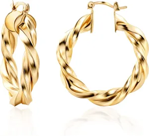 Barzel 18K Gold Plated Twisted Hoop Earrings Intertwined Earrings, 5 mm Thick x 40 mm Length, Gold Plated Hoop Earrings High Polish Finish, Made in Brazil