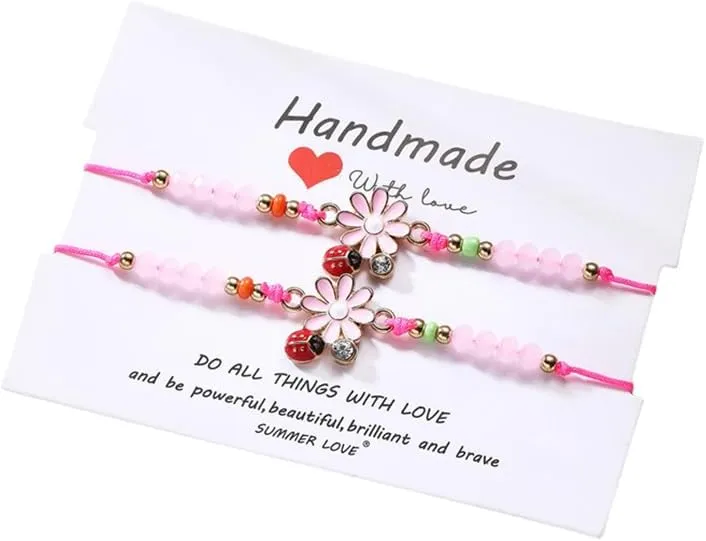 Beaded Daisy Ladybug Bracelet For Women, 2Pcs Bohemian Woven Adjustable Friendship Couples Matching Personalized Jewelry Gifts