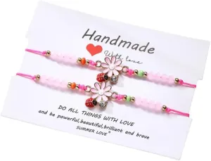 Beaded Daisy Ladybug Bracelet For Women, 2Pcs Bohemian Woven Adjustable Friendship Couples Matching Personalized Jewelry Gifts
