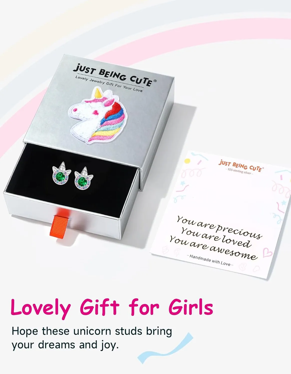 Birthstone Earrings for Girls, 925 Sterling Silver Stud Earrings for Women, Unicorn Gifts for Girls, Cubic Zirconia Studs Earrings, Unicorn Birthday Christmas Gifts for Teens Women