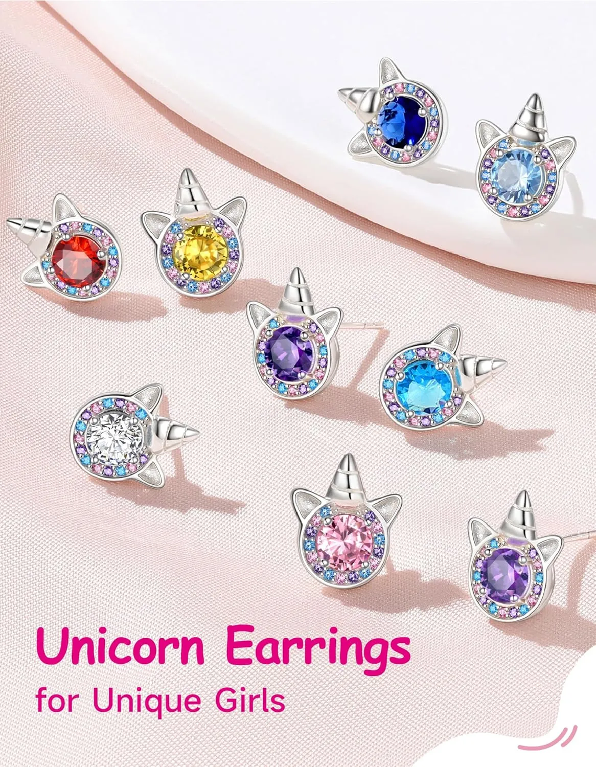 Birthstone Earrings for Girls, 925 Sterling Silver Stud Earrings for Women, Unicorn Gifts for Girls, Cubic Zirconia Studs Earrings, Unicorn Birthday Christmas Gifts for Teens Women