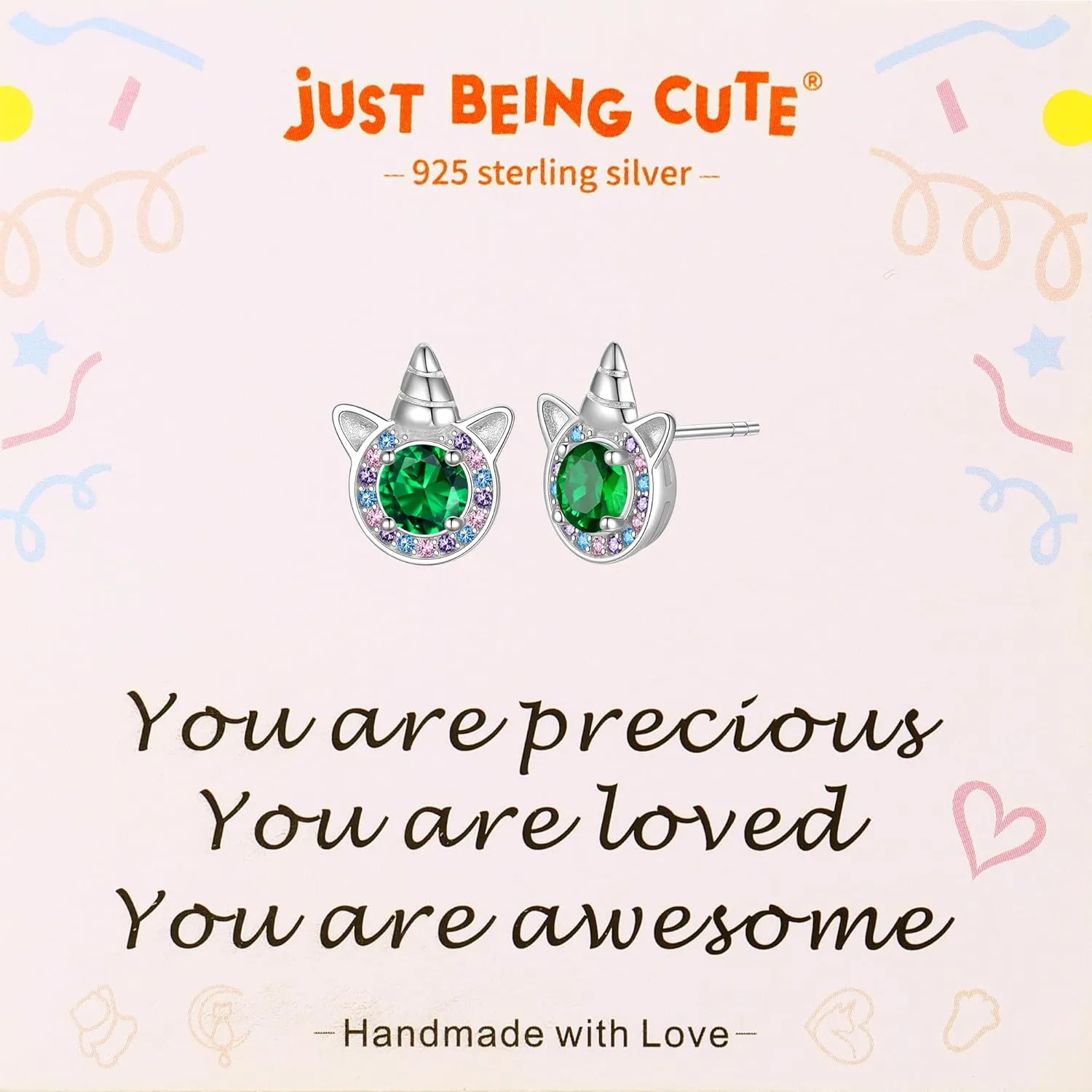 Birthstone Earrings for Girls, 925 Sterling Silver Stud Earrings for Women, Unicorn Gifts for Girls, Cubic Zirconia Studs Earrings, Unicorn Birthday Christmas Gifts for Teens Women