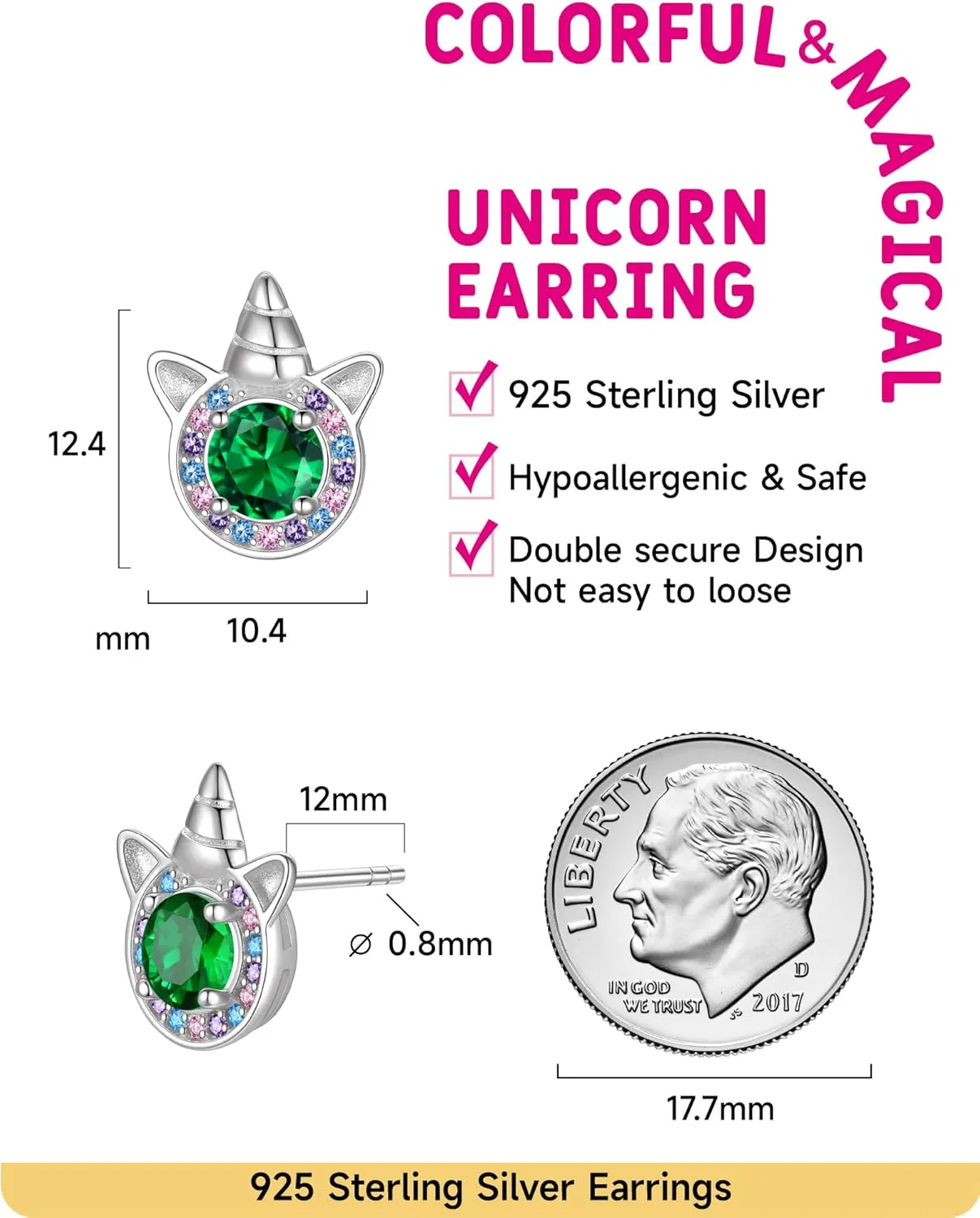 Birthstone Earrings for Girls, 925 Sterling Silver Stud Earrings for Women, Unicorn Gifts for Girls, Cubic Zirconia Studs Earrings, Unicorn Birthday Christmas Gifts for Teens Women