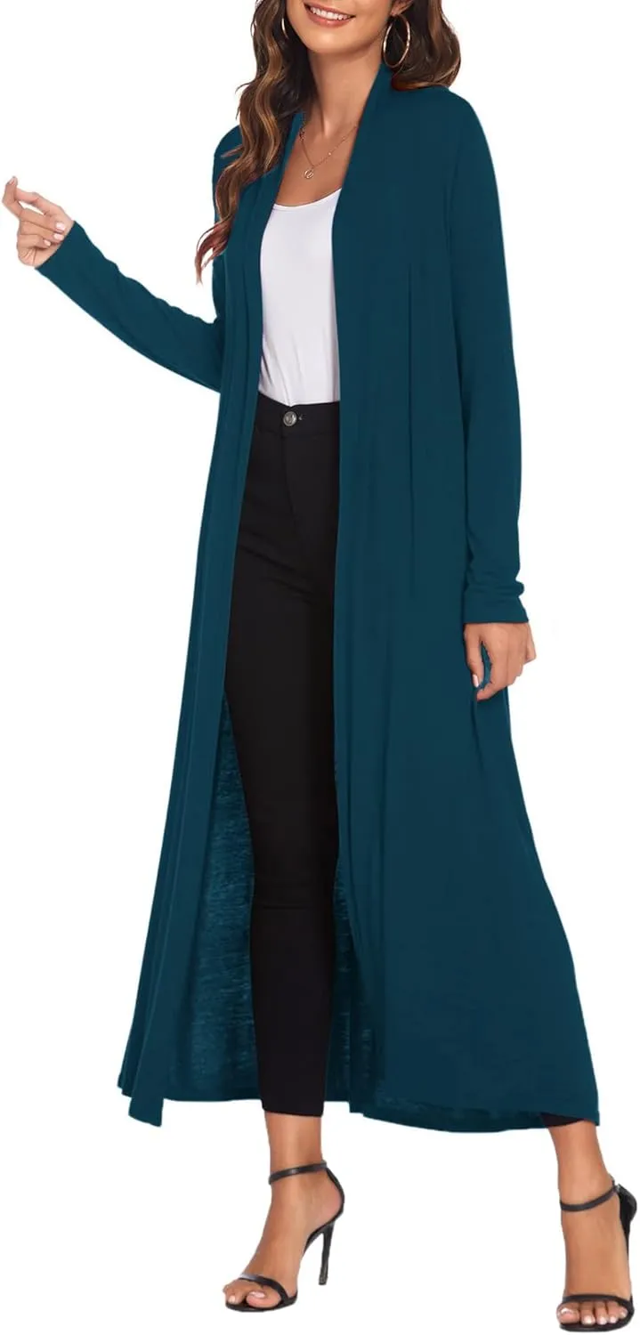 Bluetime Women Floor Length Open Front Cardigan Lightweight Long Sleeve Maxi Duster with Pockets (S-3XL)