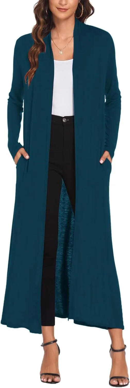 Bluetime Women Floor Length Open Front Cardigan Lightweight Long Sleeve Maxi Duster with Pockets (S-3XL)