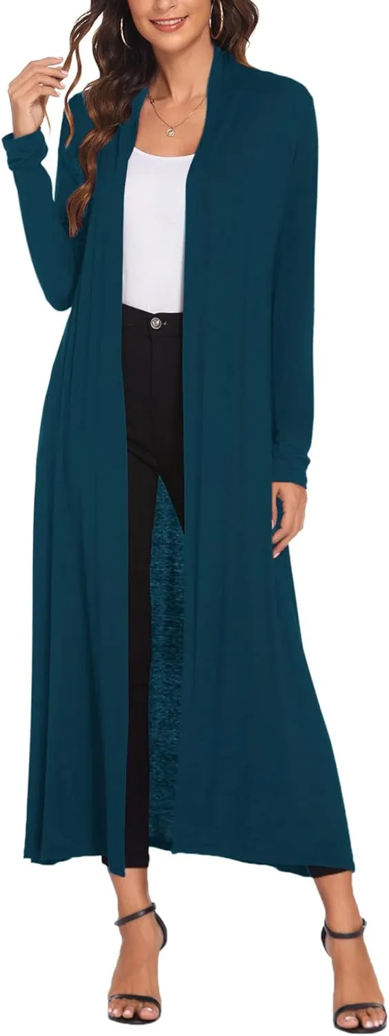 Bluetime Women Floor Length Open Front Cardigan Lightweight Long Sleeve Maxi Duster with Pockets (S-3XL)