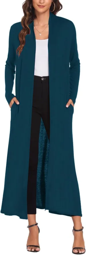 Bluetime Women Floor Length Open Front Cardigan Lightweight Long Sleeve Maxi Duster with Pockets (S-3XL)
