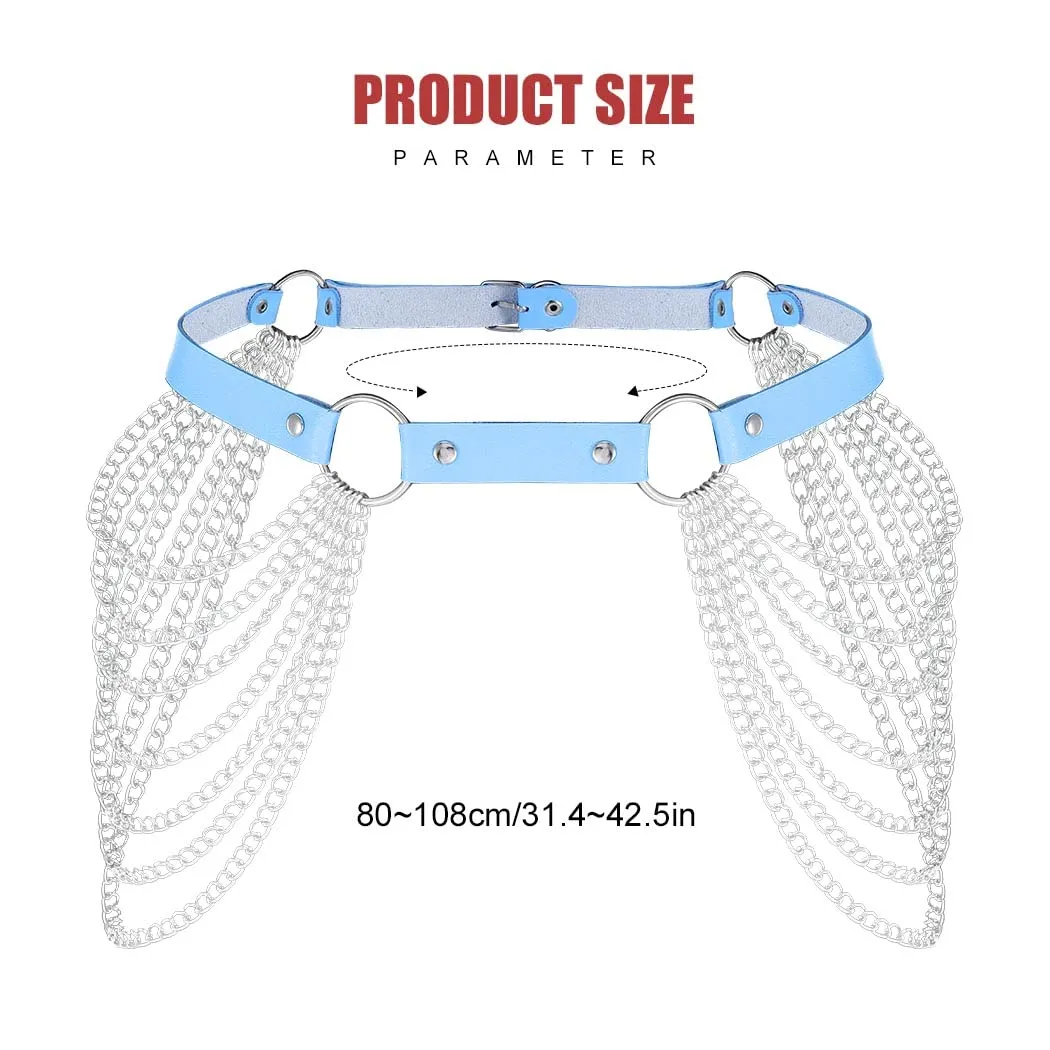 Bodiy Layered Waist Chain Belts Blue PU Leather Body Chain Punk Goth Rave Belt Body Jewelry Accessory for Women and Girls (Blue)