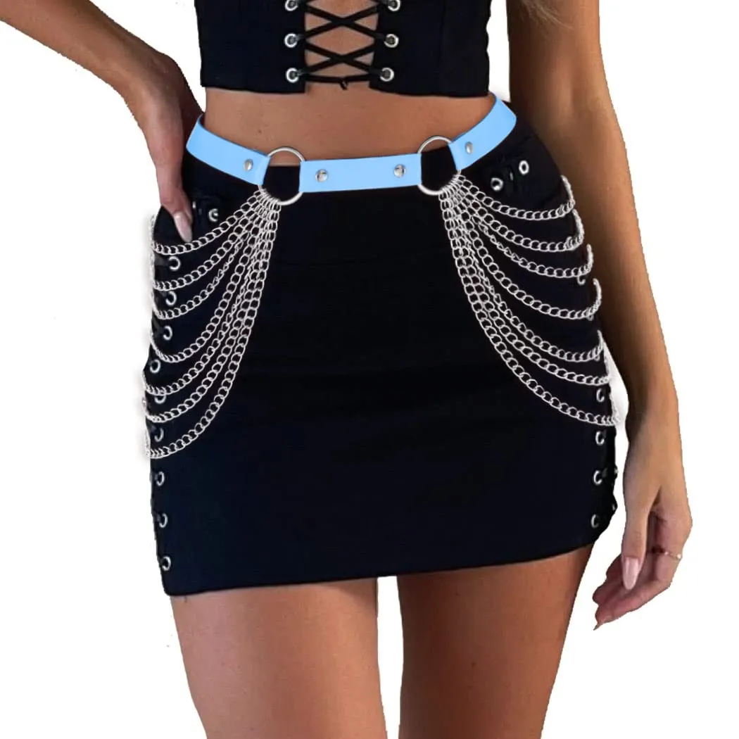 Bodiy Layered Waist Chain Belts Blue PU Leather Body Chain Punk Goth Rave Belt Body Jewelry Accessory for Women and Girls (Blue)