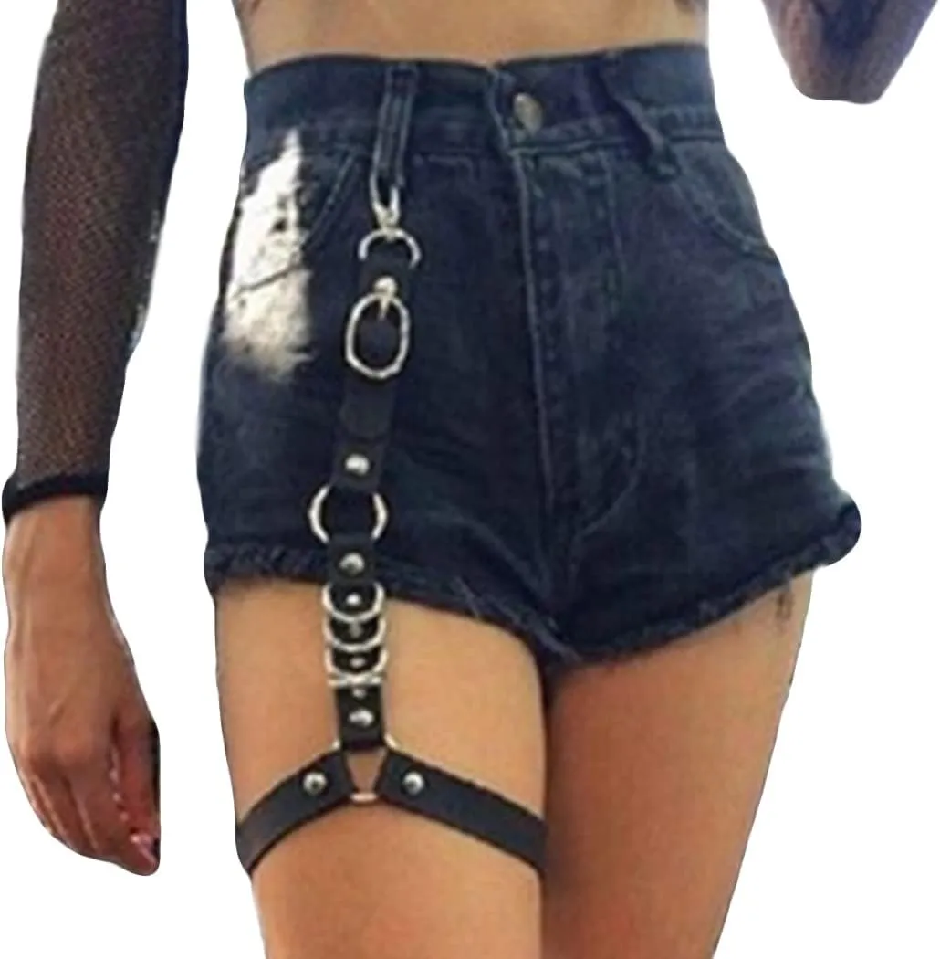 Bodiy Punk Leather Leg Harness Thigh Holster Nightclub Raver Gaters Belts Leg Chain Body Jewelry for Women and Girls