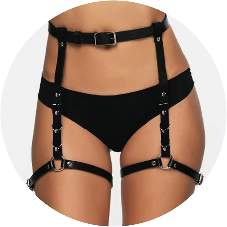 BODIY Punk Leather Thigh Harness Black Rave Waist Belts Leg Garter Belts Body Chain Jewelry for Women and Girls