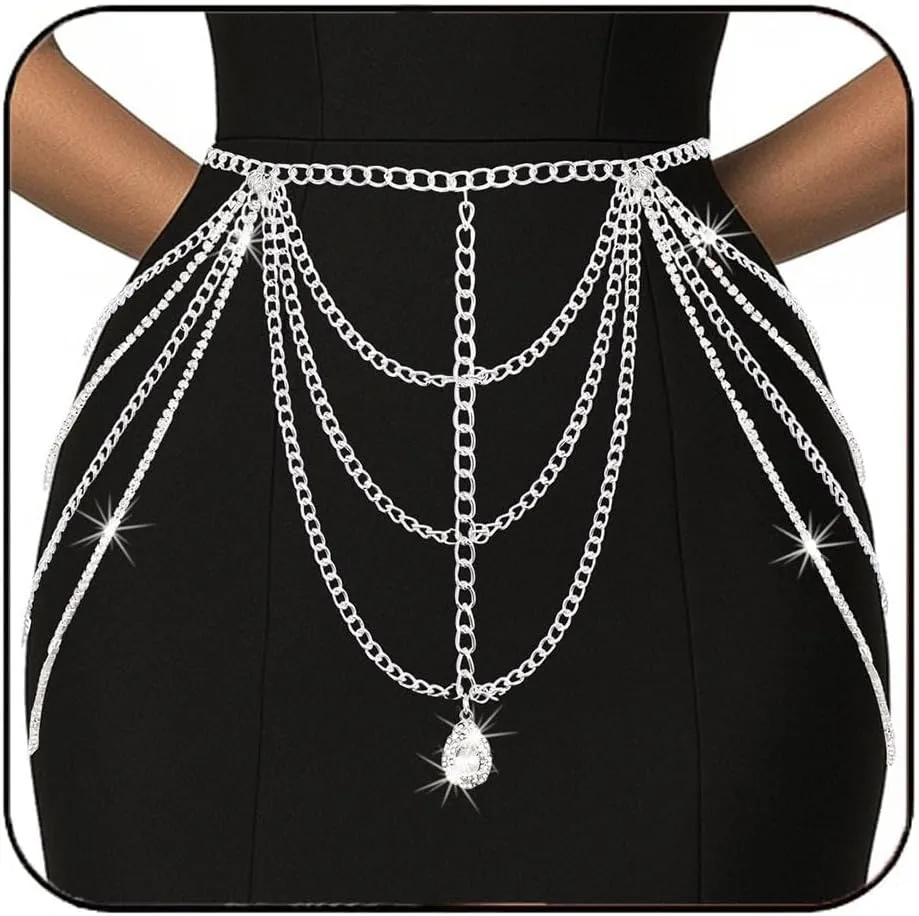 BODIY Rhinestone Belly Waist Chain Silver Dress Chain Belt Layered Crystal Body Accessories for Women