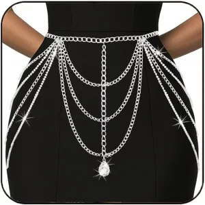 BODIY Rhinestone Belly Waist Chain Silver Dress Chain Belt Layered Crystal Body Accessories for Women