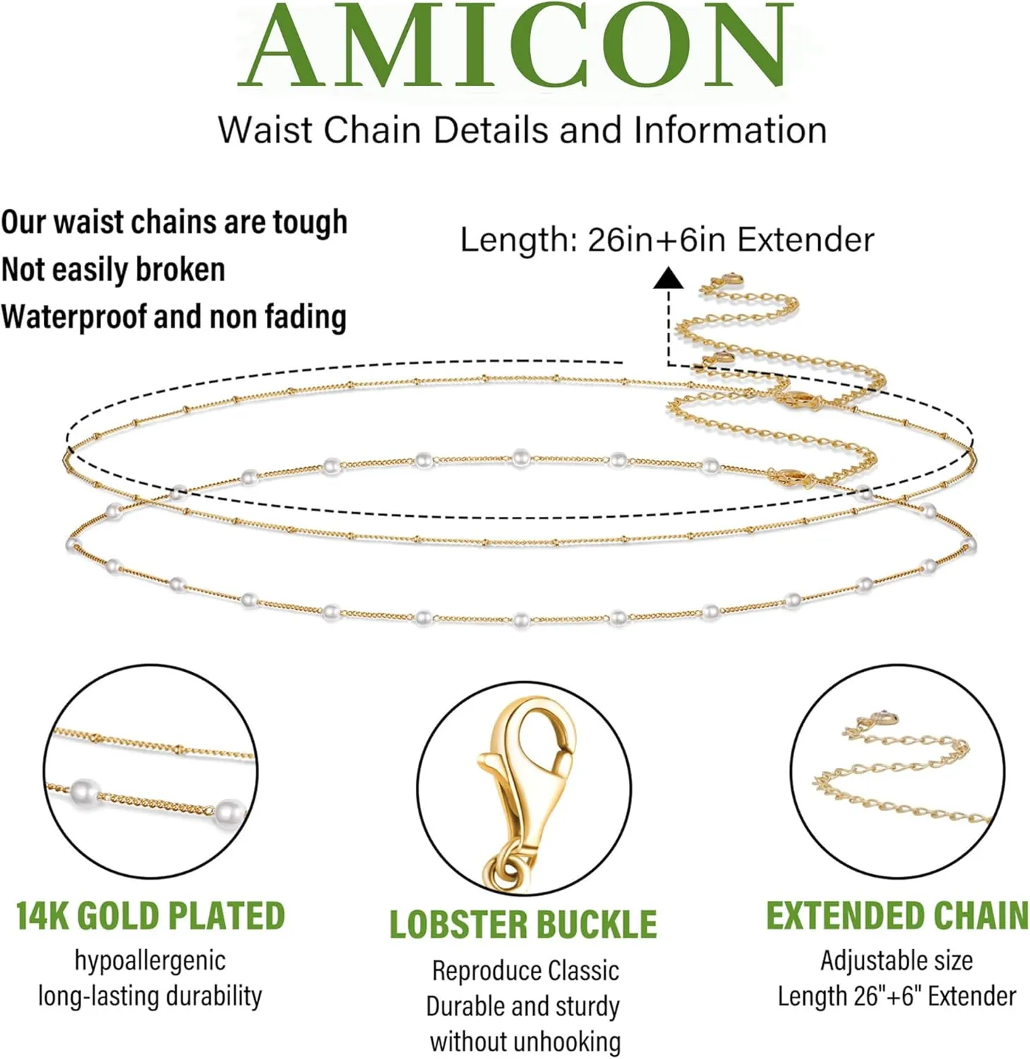 Body Chain for Women 14K Gold Plated Waist Beads Chain Gold Belly Belt Body Chains Waterproof Adjustable Sexy Bikini Beach Body Jewelry Daily Belts Gifts for Women 26.5-33Inch