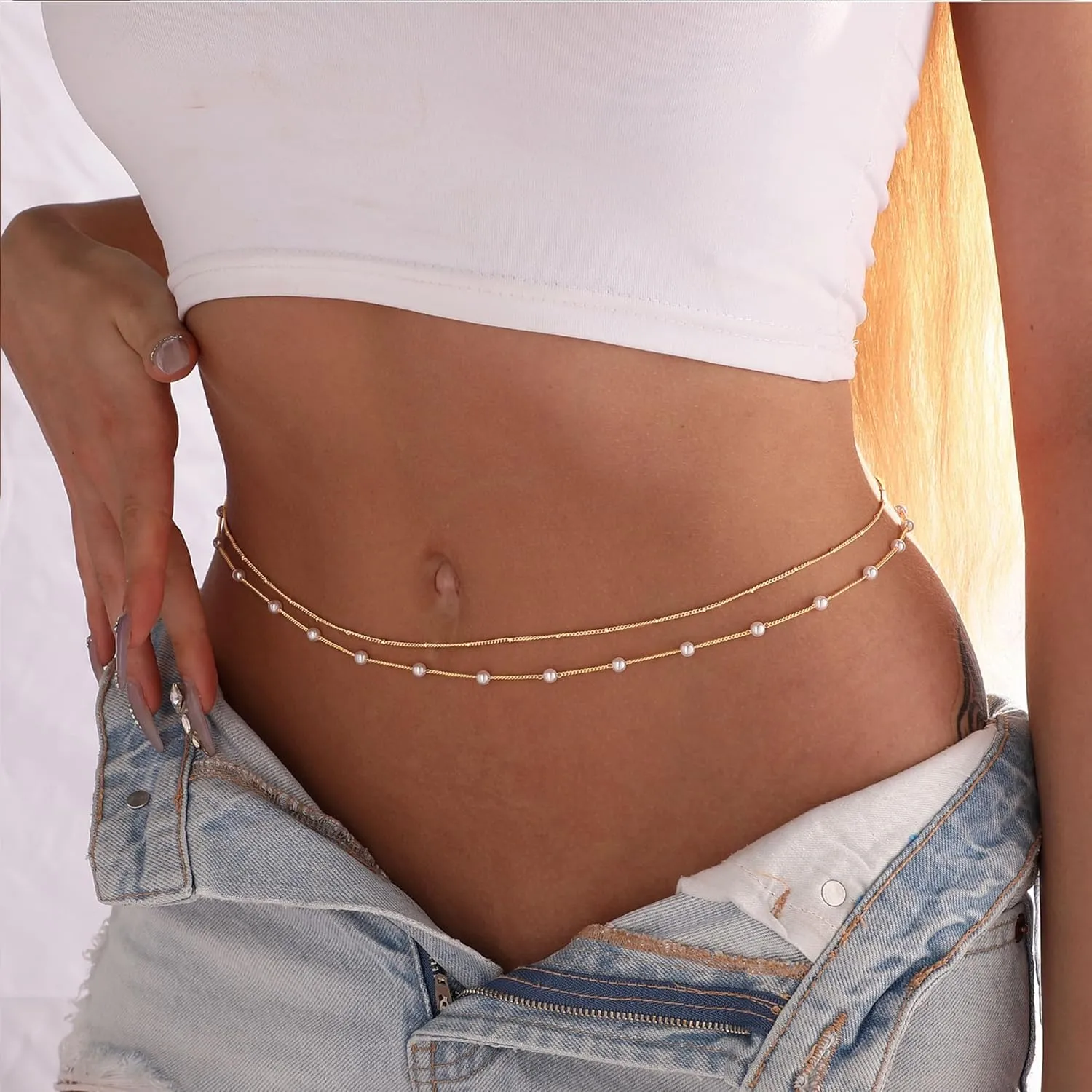 Body Chain for Women 14K Gold Plated Waist Beads Chain Gold Belly Belt Body Chains Waterproof Adjustable Sexy Bikini Beach Body Jewelry Daily Belts Gifts for Women 26.5-33Inch