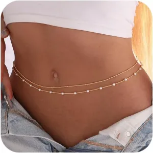 Body Chain for Women 14K Gold Plated Waist Beads Chain Gold Belly Belt Body Chains Waterproof Adjustable Sexy Bikini Beach Body Jewelry Daily Belts Gifts for Women 26.5-33Inch