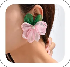 Boho Flower Earrings Vintage Handmade Chiffon Floral Earrings Exaggerated Big Flower Stud Earrings Wedding Bridal Party Ear Jewelry for Women and Girls