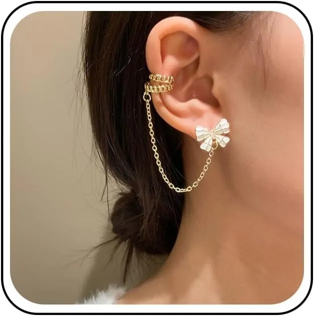 Boho Long Tassel Chain Cuff Earrings Gold Cartilage Chain Long Earrings Vintage Tassel Chain Crawler Climber Earrings Crystal Bow Cartilage Wrap Earrings Jewelry for Women
