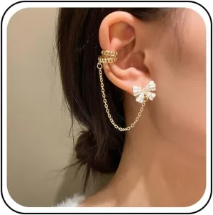 Boho Long Tassel Chain Cuff Earrings Gold Cartilage Chain Long Earrings Vintage Tassel Chain Crawler Climber Earrings Crystal Bow Cartilage Wrap Earrings Jewelry for Women