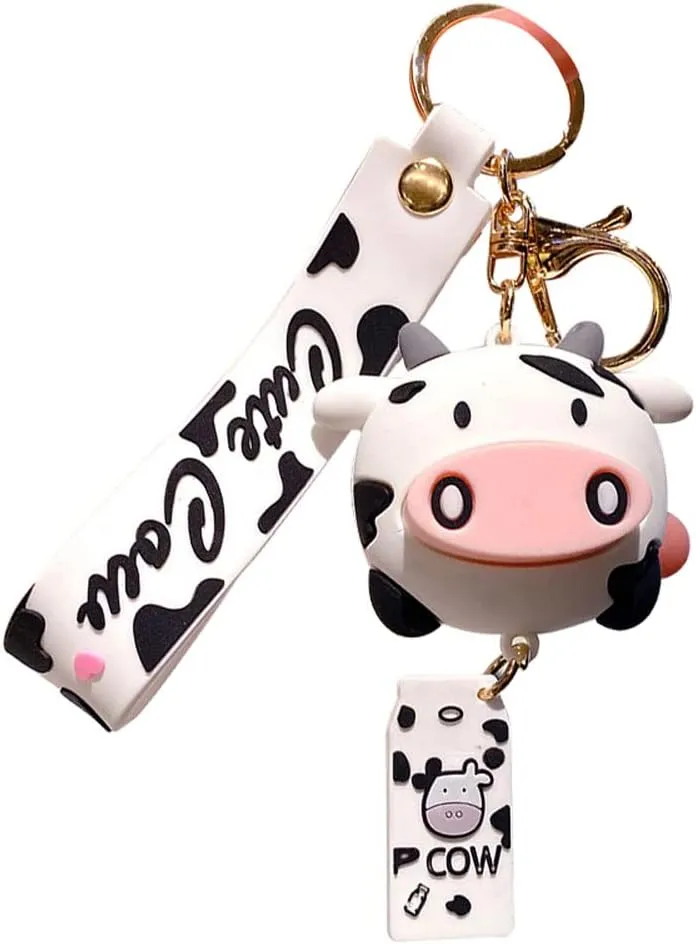 Boys Girls Creative Funny Cute Kawai Big Nose Round Cow Keychain, White Black Cow Good Luck Lucky Fortune Keycrings Bag Backpack Decoration Pendant Car Key Ring Gift -White