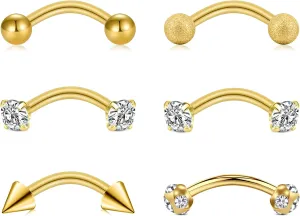 Briana Williams 6pcs Stainless Steel Rook Daith Earrings Belly Lip Ring Eyebrow Studs Cartilage Tragus Cubic Zirconia Barbell Body Piercing 8mm (5/16")