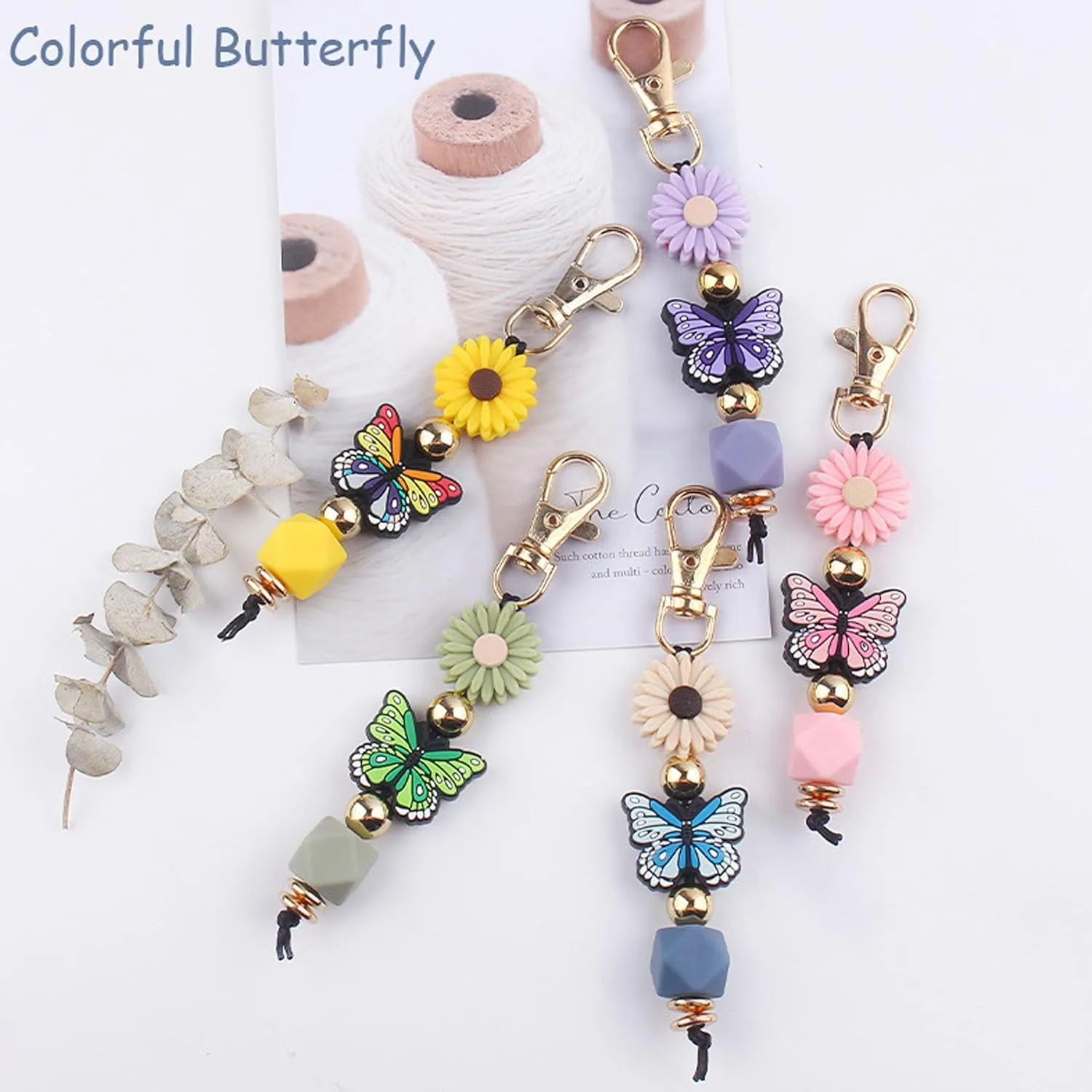 Butterfly Keychain Silicone Beaded Key Ring for Bag Charms Purse Handbags, Elastic Key Chain for Women Bag accessories