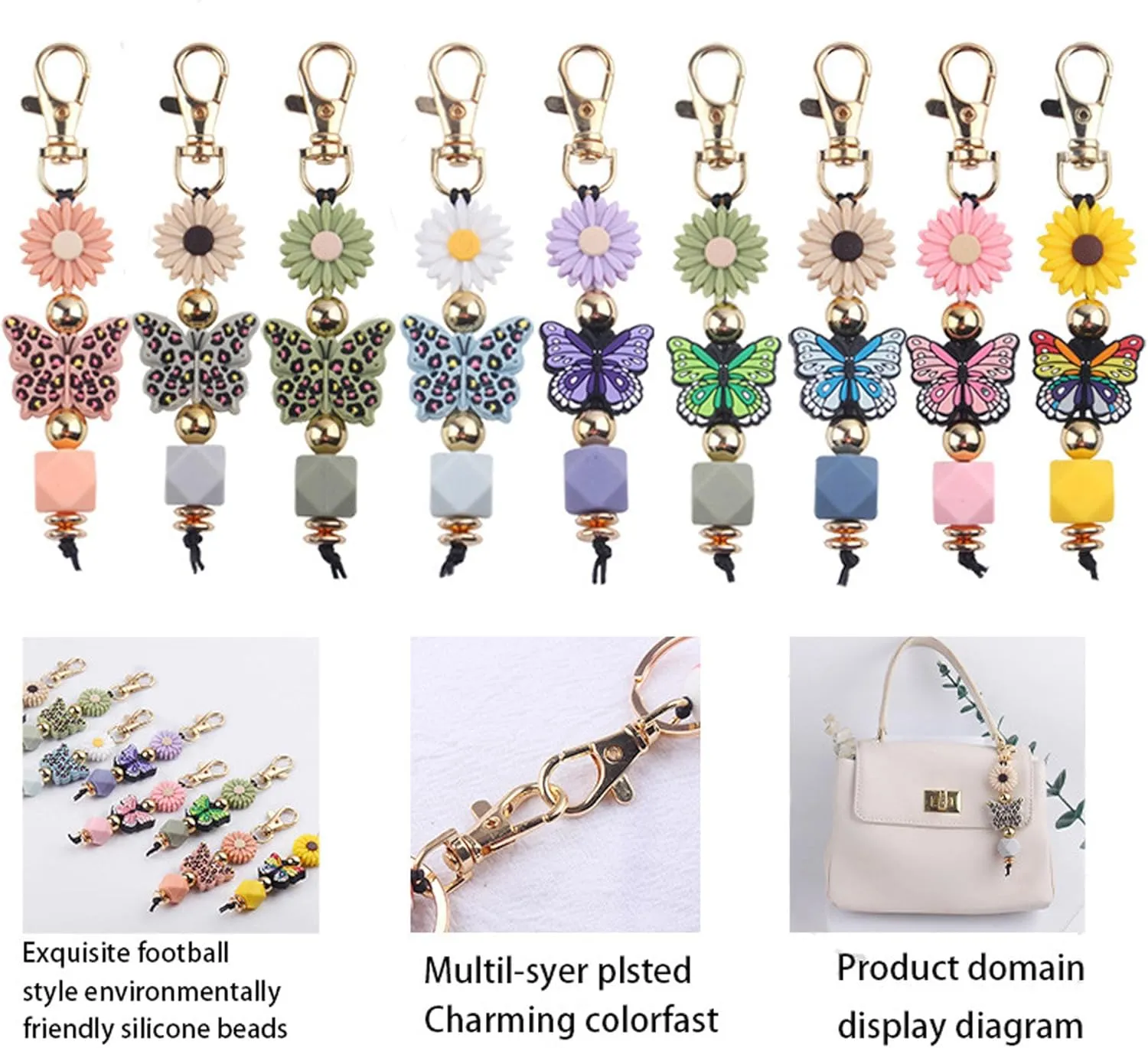 Butterfly Keychain Silicone Beaded Key Ring for Bag Charms Purse Handbags, Elastic Key Chain for Women Bag accessories