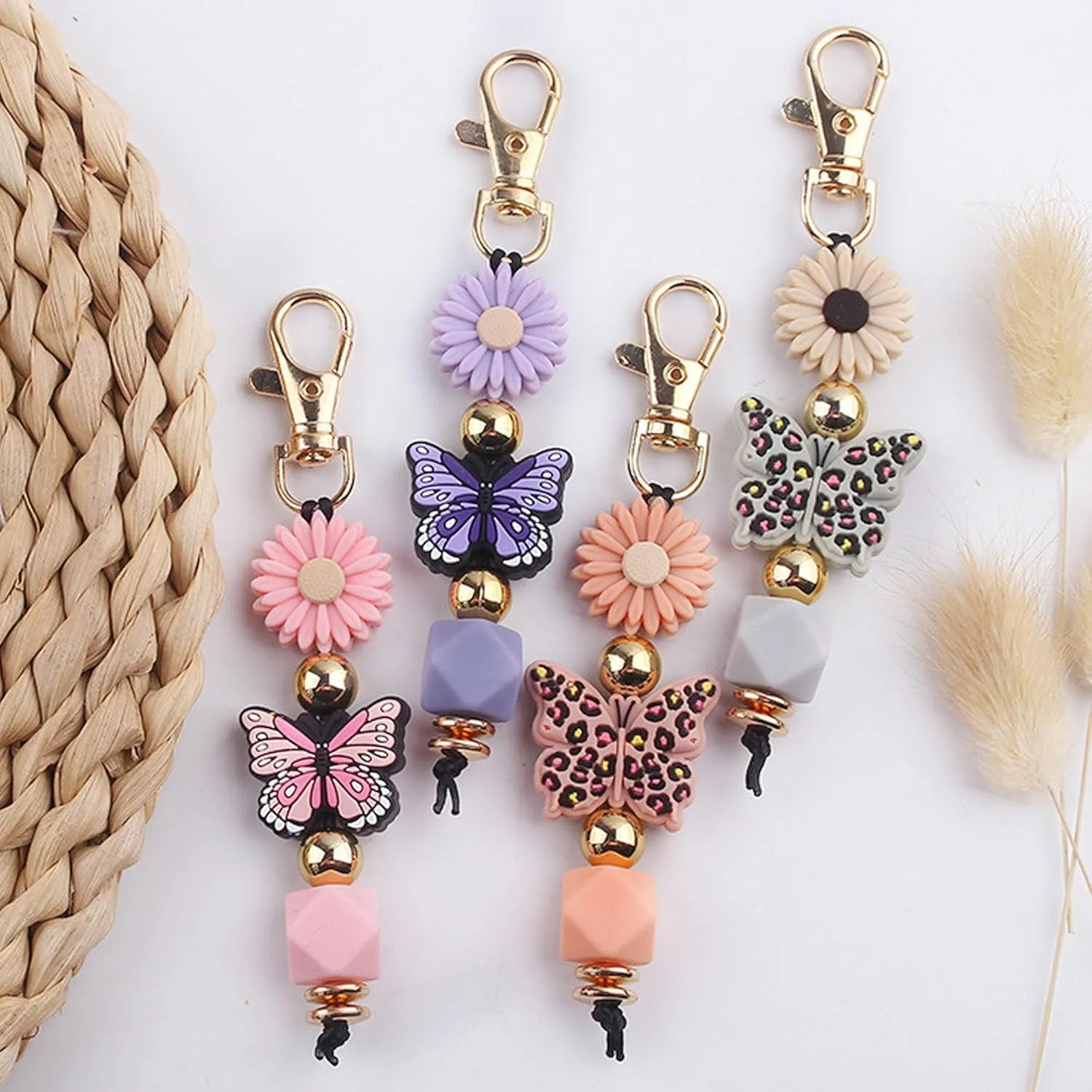 Butterfly Keychain Silicone Beaded Key Ring for Bag Charms Purse Handbags, Elastic Key Chain for Women Bag accessories