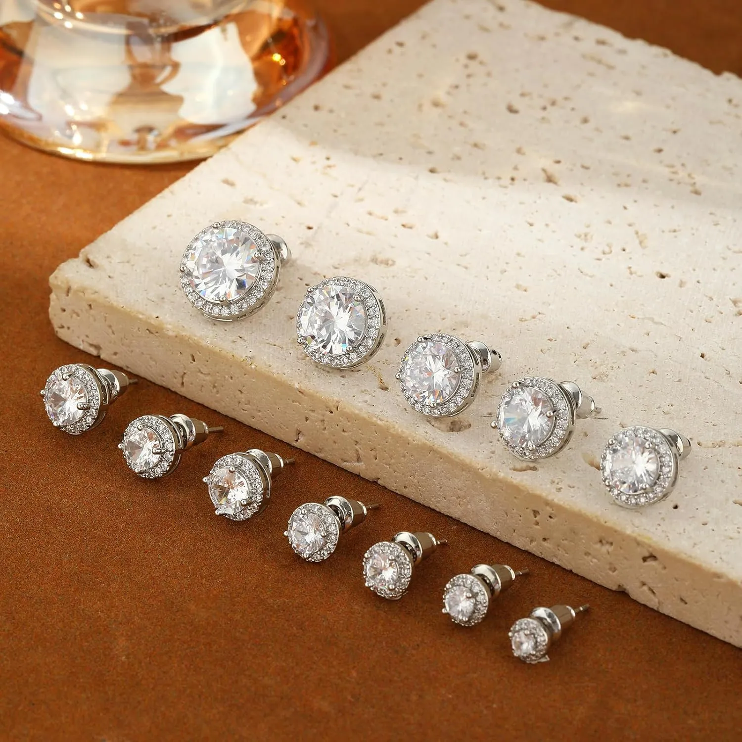 CAROVO 14K Gold Round Cubic Zirconia Stud Earrings Halo Stud Earrings Statement Earrings for Women Men Silver Gold Rose Gold Tone 3-10MM