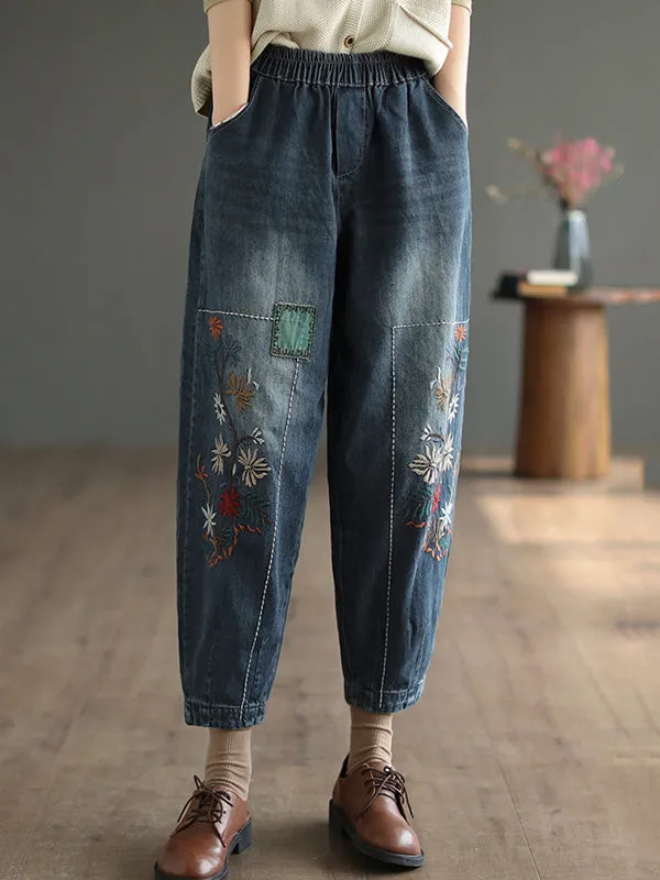 Casual Loose Embroidered Elasticity Harem Denim Pants LY3970