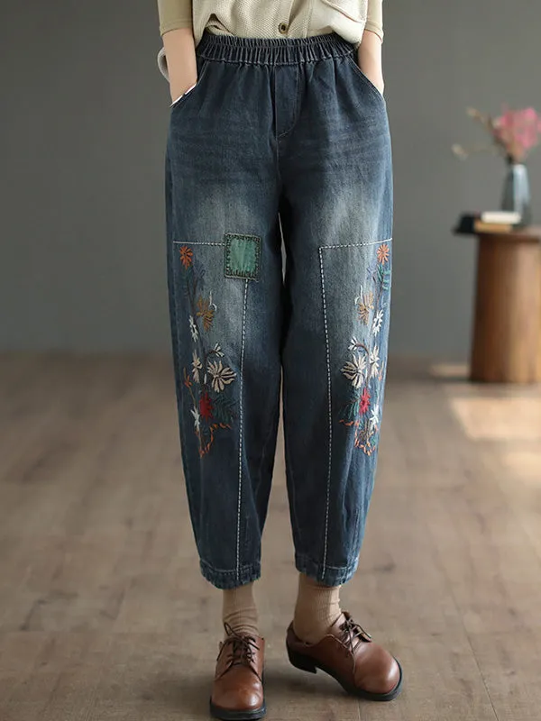 Casual Loose Embroidered Elasticity Harem Denim Pants LY3970