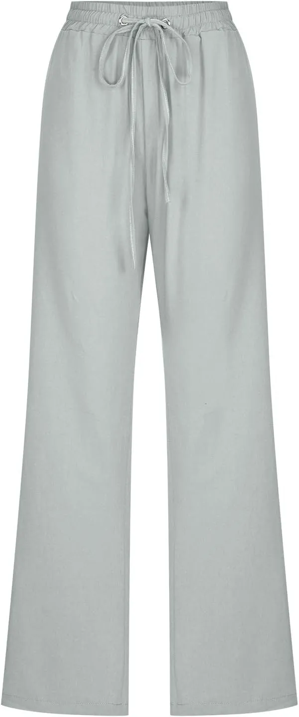 Casual Pants for Women Cotton Linen Summer Drawstring Elastic Waist Trouser Straight Leg Beach Travel Holiday Slacks