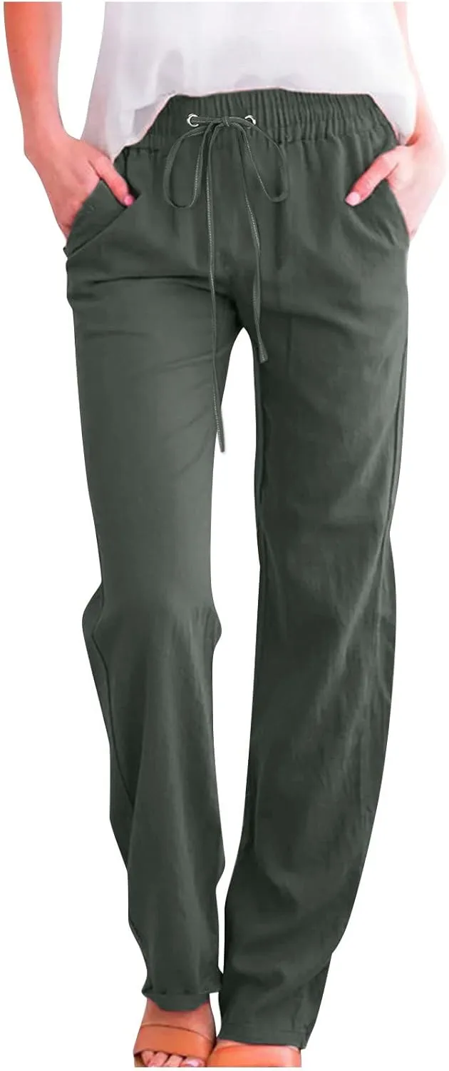 Casual Pants for Women Cotton Linen Summer Drawstring Elastic Waist Trouser Straight Leg Beach Travel Holiday Slacks
