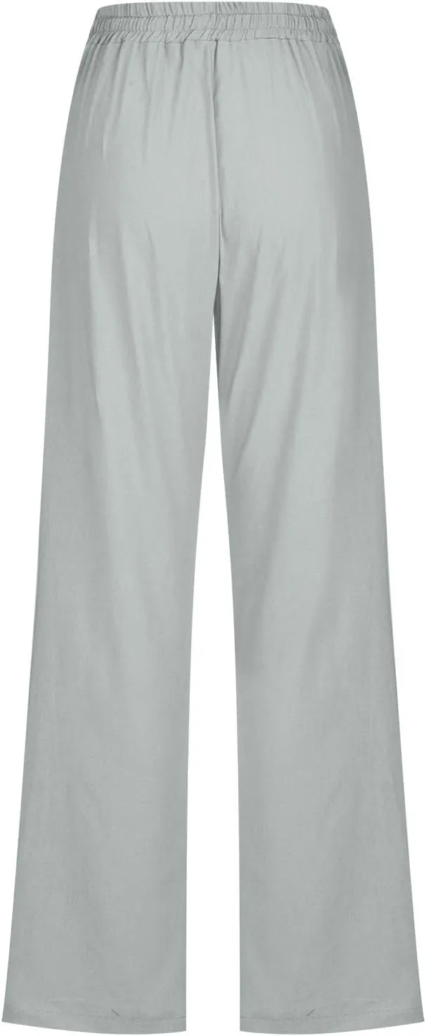 Casual Pants for Women Cotton Linen Summer Drawstring Elastic Waist Trouser Straight Leg Beach Travel Holiday Slacks