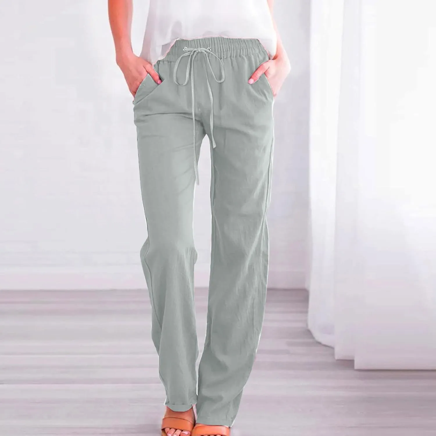Casual Pants for Women Cotton Linen Summer Drawstring Elastic Waist Trouser Straight Leg Beach Travel Holiday Slacks