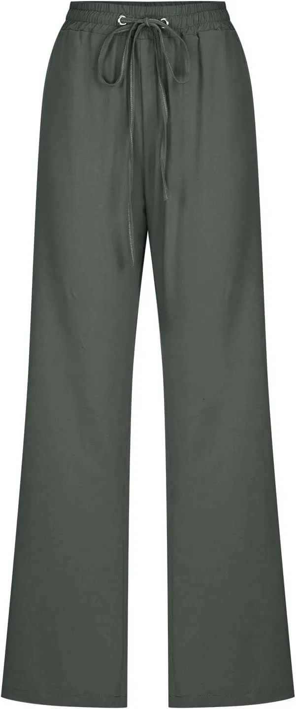 Casual Pants for Women Cotton Linen Summer Drawstring Elastic Waist Trouser Straight Leg Beach Travel Holiday Slacks