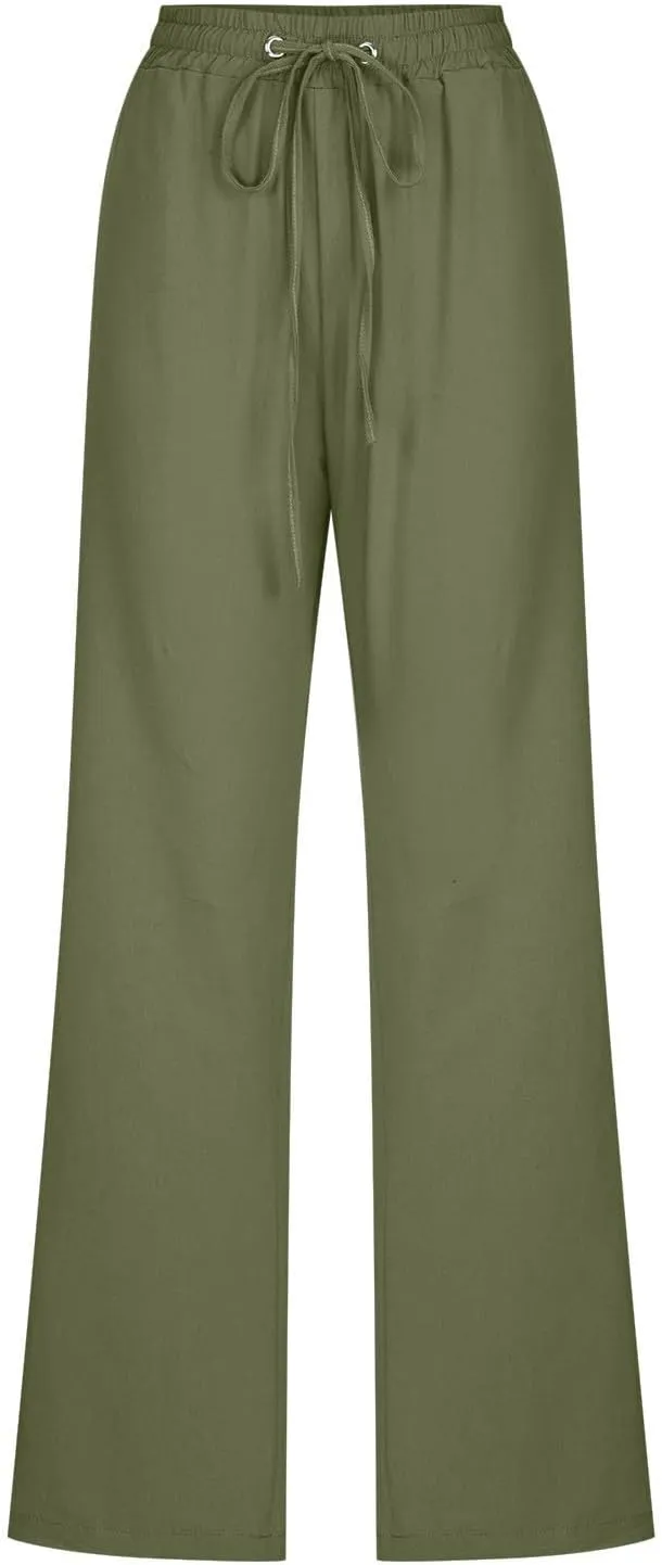 Casual Pants for Women Cotton Linen Summer Drawstring Elastic Waist Trouser Straight Leg Beach Travel Holiday Slacks