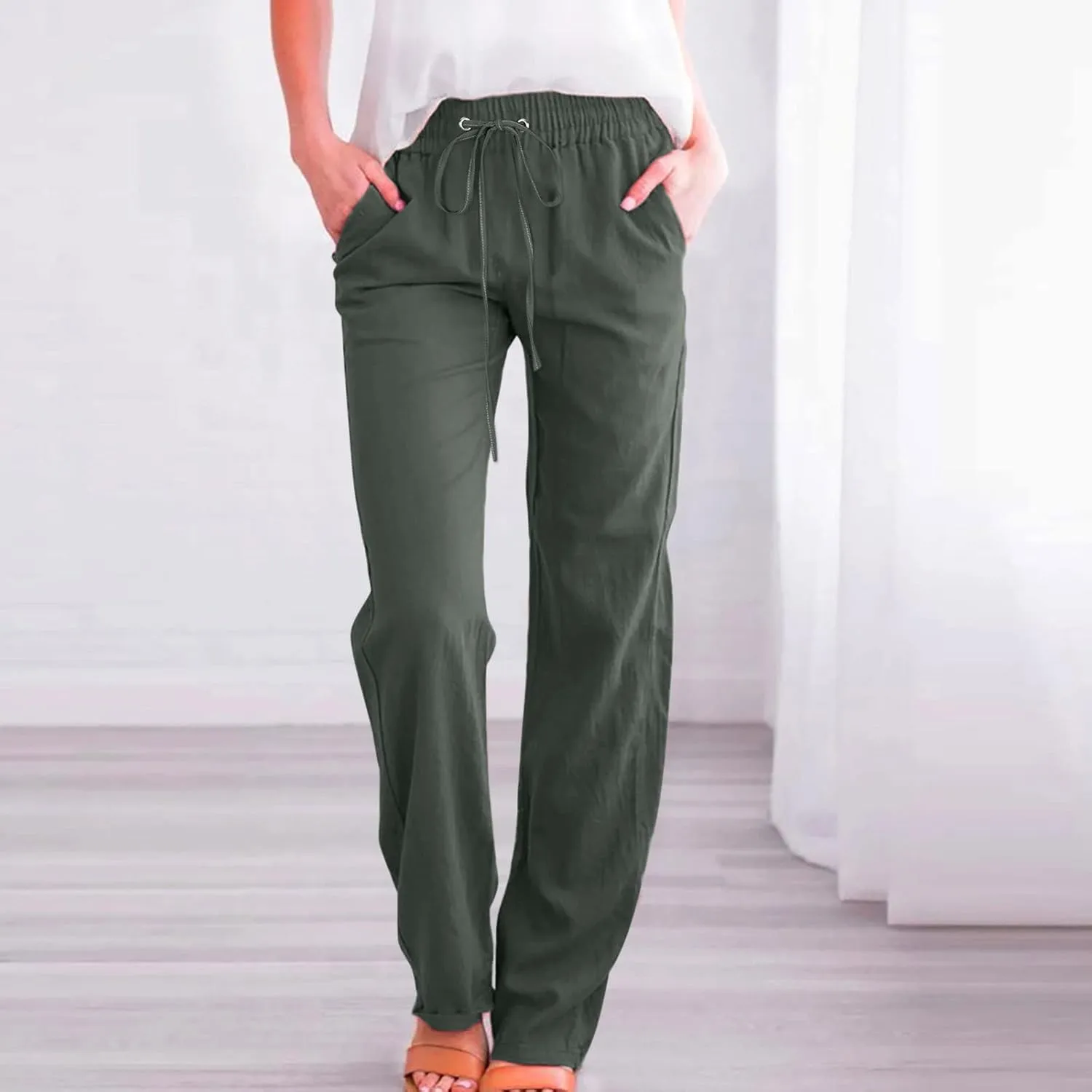 Casual Pants for Women Cotton Linen Summer Drawstring Elastic Waist Trouser Straight Leg Beach Travel Holiday Slacks